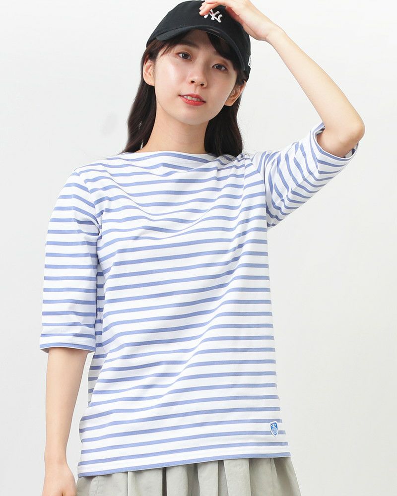 10％OFF】［ORCIVAL］ボートネック5分袖ボーダープルオーバー
