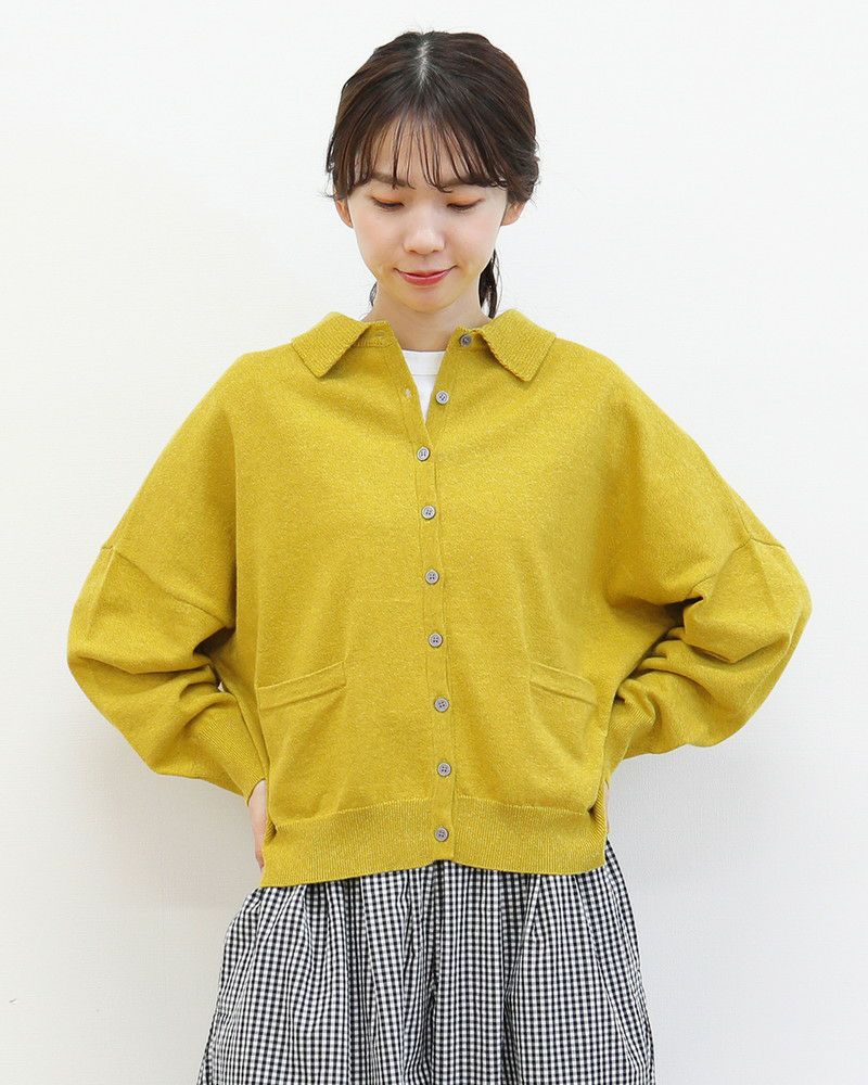 kay Me イエロー 長袖カーディガン mao made］やわらかコットン衿付きカーディガン／マオメイド ｜オン