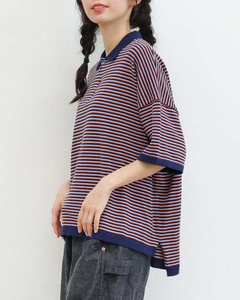 NATURAL LAUNDRY］コットンマルチボーダーワイドポロ／ナチュラル
