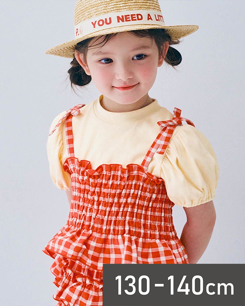 入園 入学 3点セット　ハンドメイド　ベアチェック柄　レッド　両面フリル p.premier］先染めチェックのシャーリングビスチェ＆トップスセット