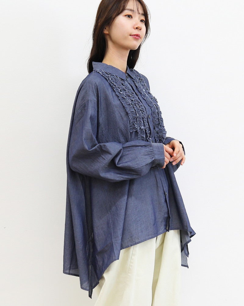 ［grin］INDIAデニムボイル三角フリルシャツ