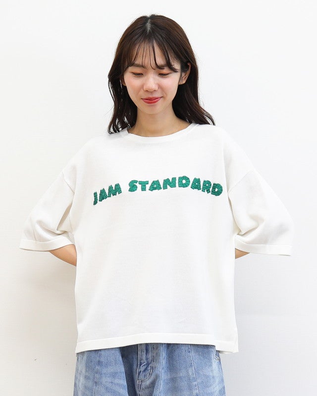 ［mao made］シャリコットンロゴ刺繍5分袖ニットTEE