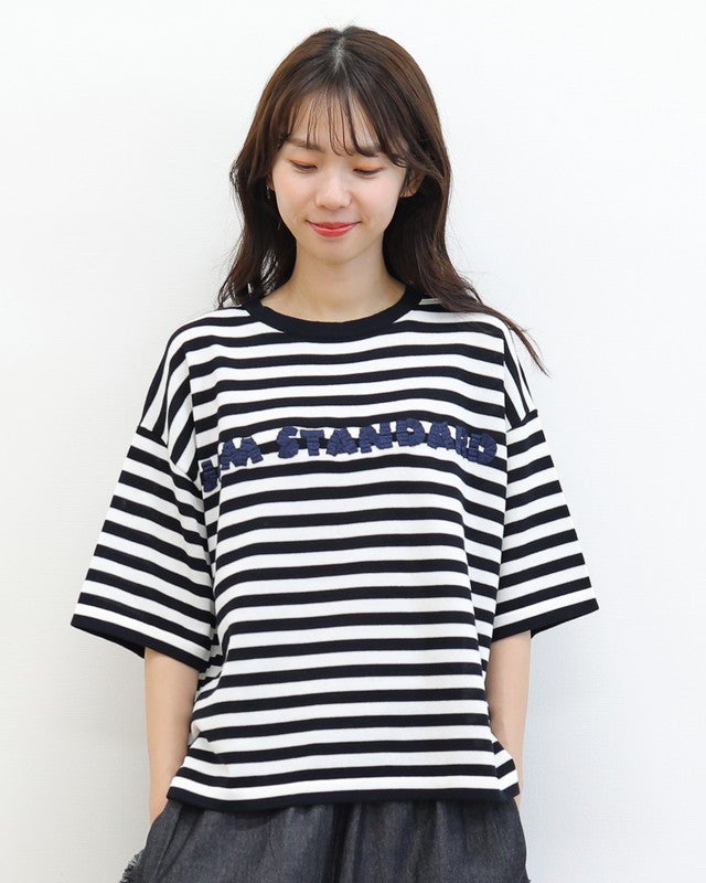 ［mao made］シャリコットンロゴ刺繍5分袖ニットTEE