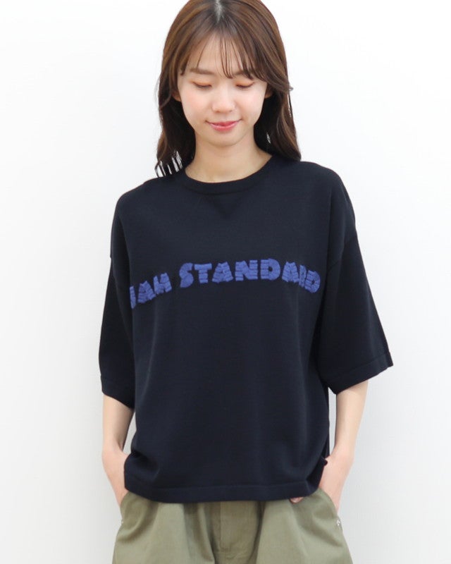 ［mao made］シャリコットンロゴ刺繍5分袖ニットTEE