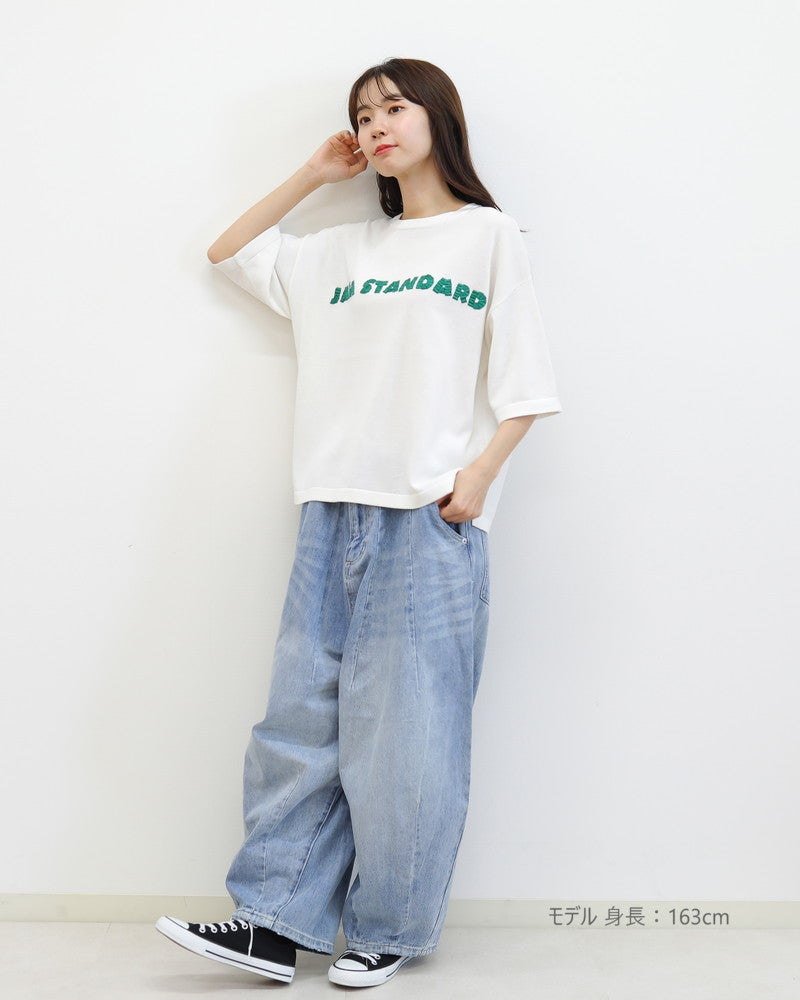 30％OFF】［mao made］シャリコットンロゴ刺繍5分袖ニットTEE
