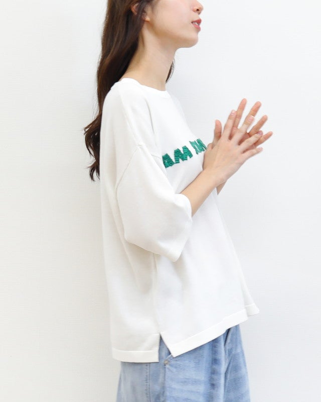 ［mao made］シャリコットンロゴ刺繍5分袖ニットTEE