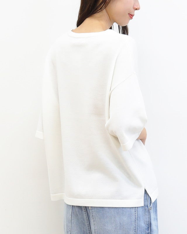 ［mao made］シャリコットンロゴ刺繍5分袖ニットTEE