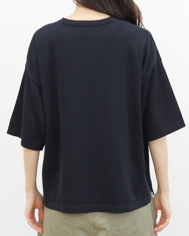 ［mao made］シャリコットンロゴ刺繍5分袖ニットTEE
