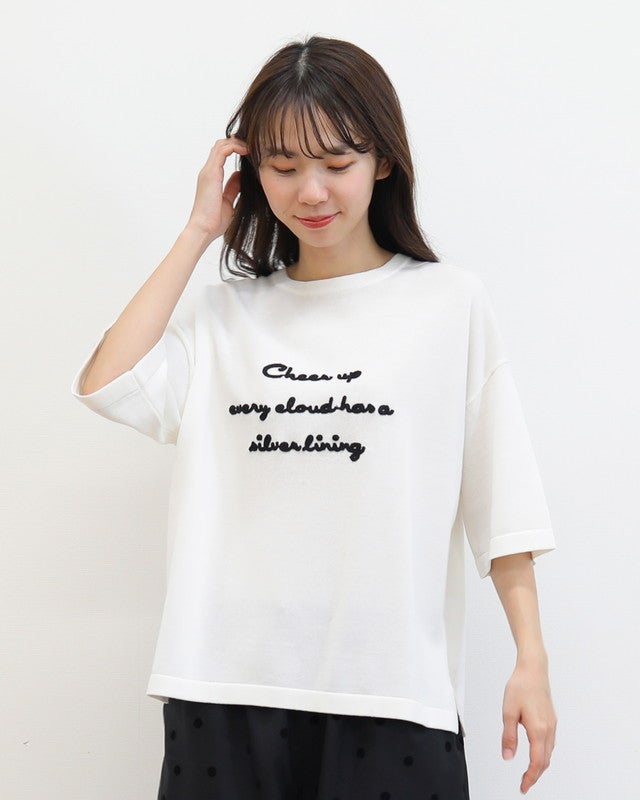 mao made］シャリコットンロゴチェーン刺繍5分袖ニットTEE／マオメイド