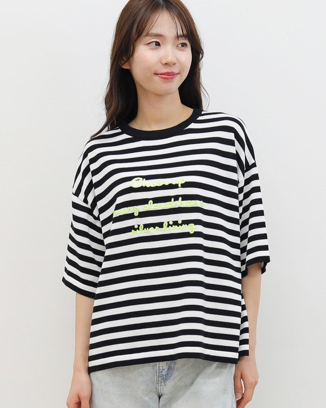 mao made］シャリコットンロゴチェーン刺繍5分袖ニットTEE