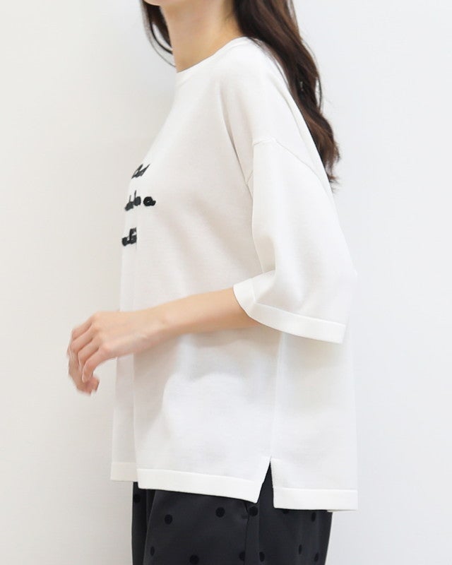 mao made］シャリコットンロゴチェーン刺繍5分袖ニットTEE
