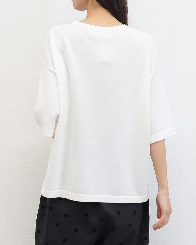 mao made］シャリコットンロゴチェーン刺繍5分袖ニットTEE