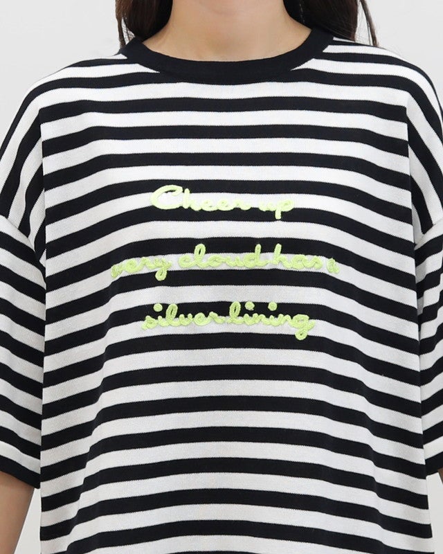 mao made］シャリコットンロゴチェーン刺繍5分袖ニットTEE