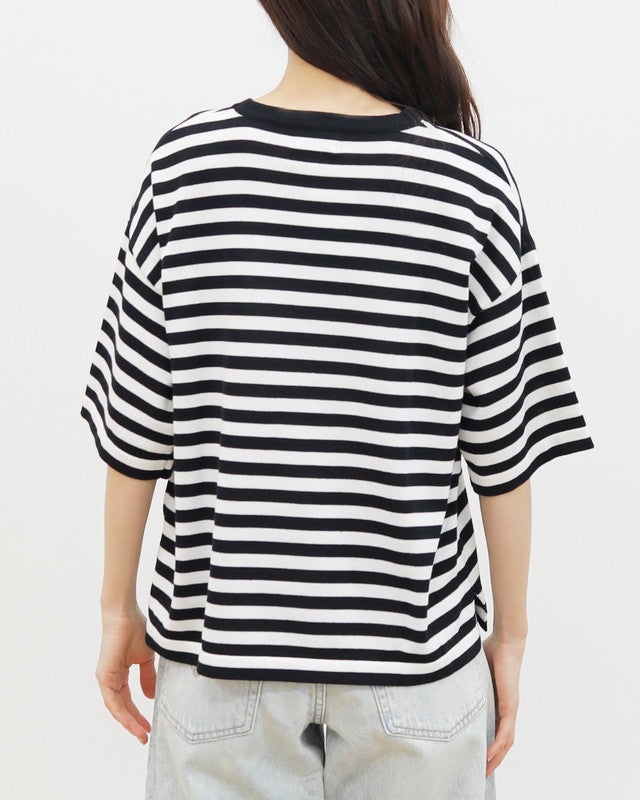 mao made］シャリコットンロゴチェーン刺繍5分袖ニットTEE