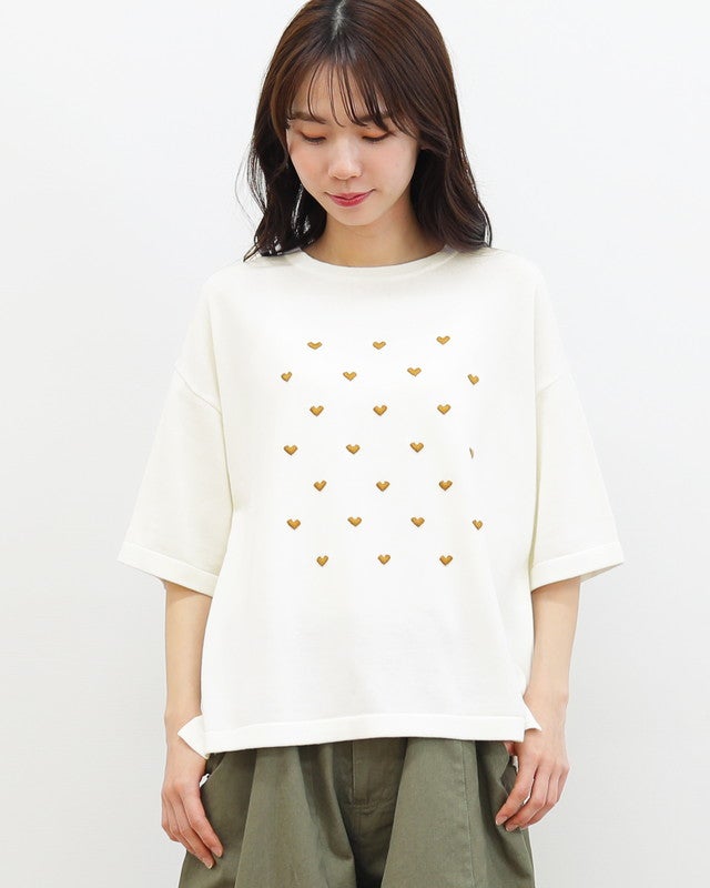 ［mao made］シャリコットンハート刺繍5分袖ニットTEE