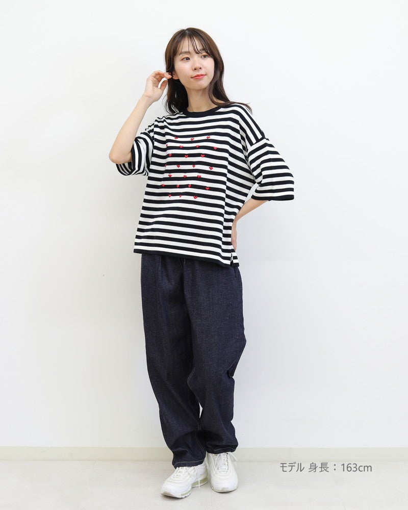 mao made］シャリコットンハート刺繍5分袖ニットTEE／マオメイド◇26SS