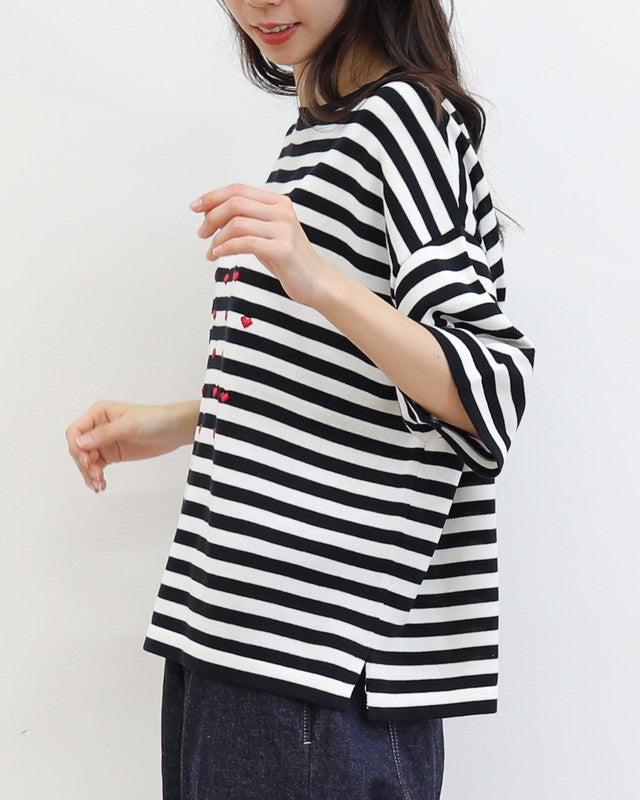［mao made］シャリコットンハート刺繍5分袖ニットTEE