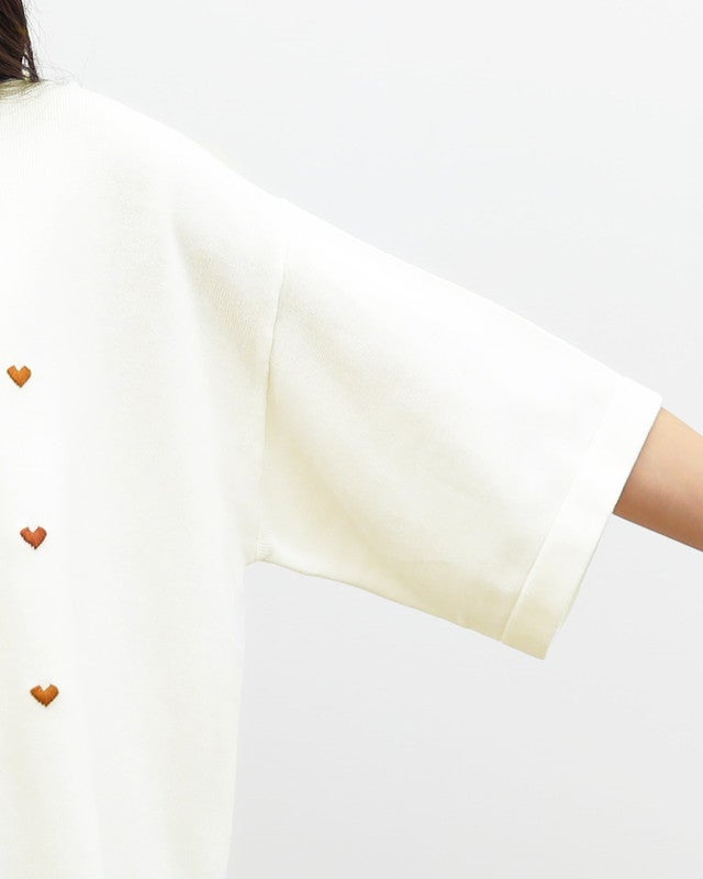 ［mao made］シャリコットンハート刺繍5分袖ニットTEE