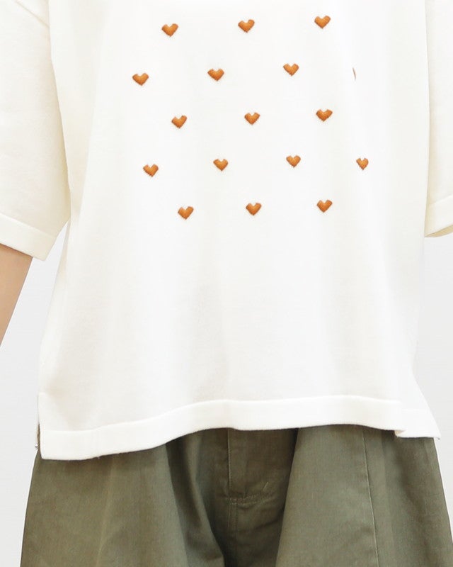 ［mao made］シャリコットンハート刺繍5分袖ニットTEE