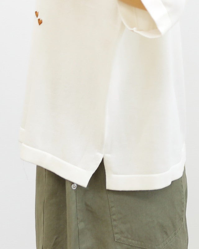 ［mao made］シャリコットンハート刺繍5分袖ニットTEE