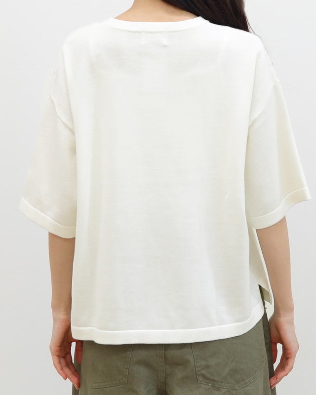 ［mao made］シャリコットンハート刺繍5分袖ニットTEE