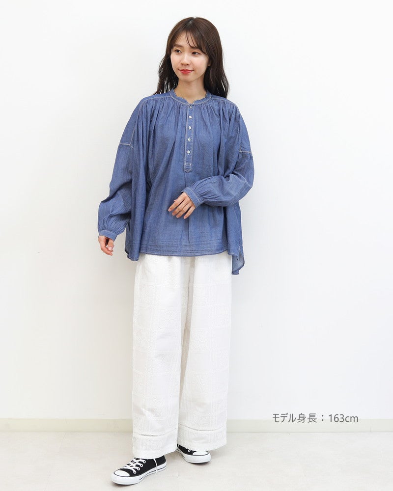 ［UNPLE］インディゴビエラギャザーブラウス