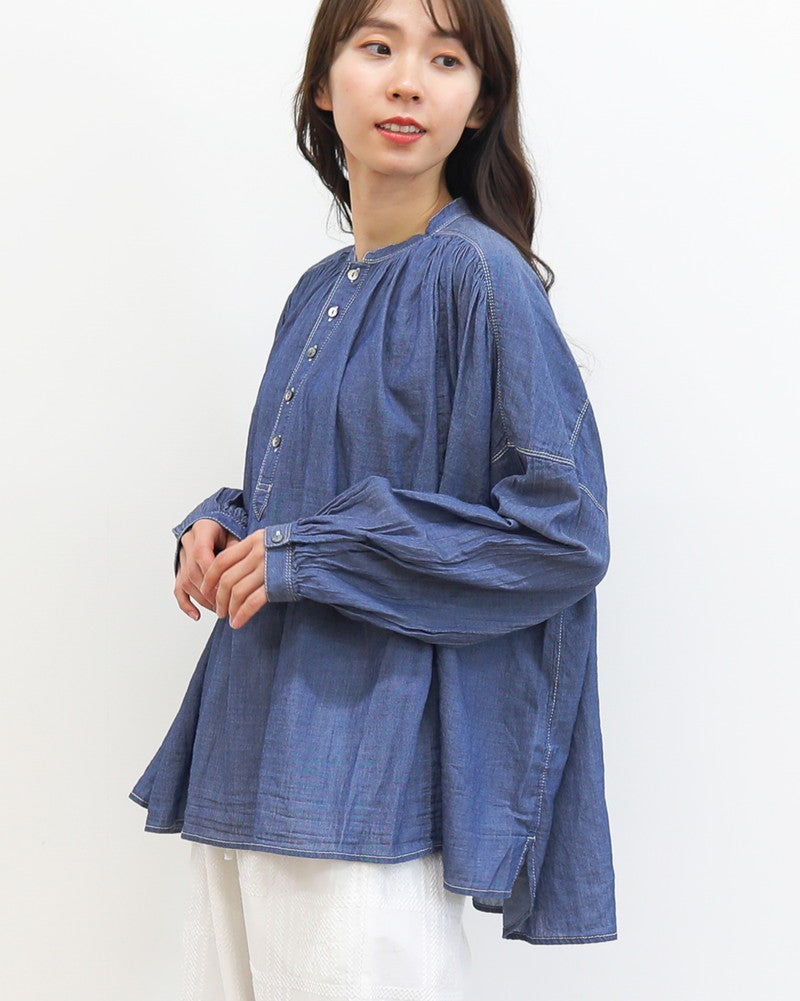 ［UNPLE］インディゴビエラギャザーブラウス