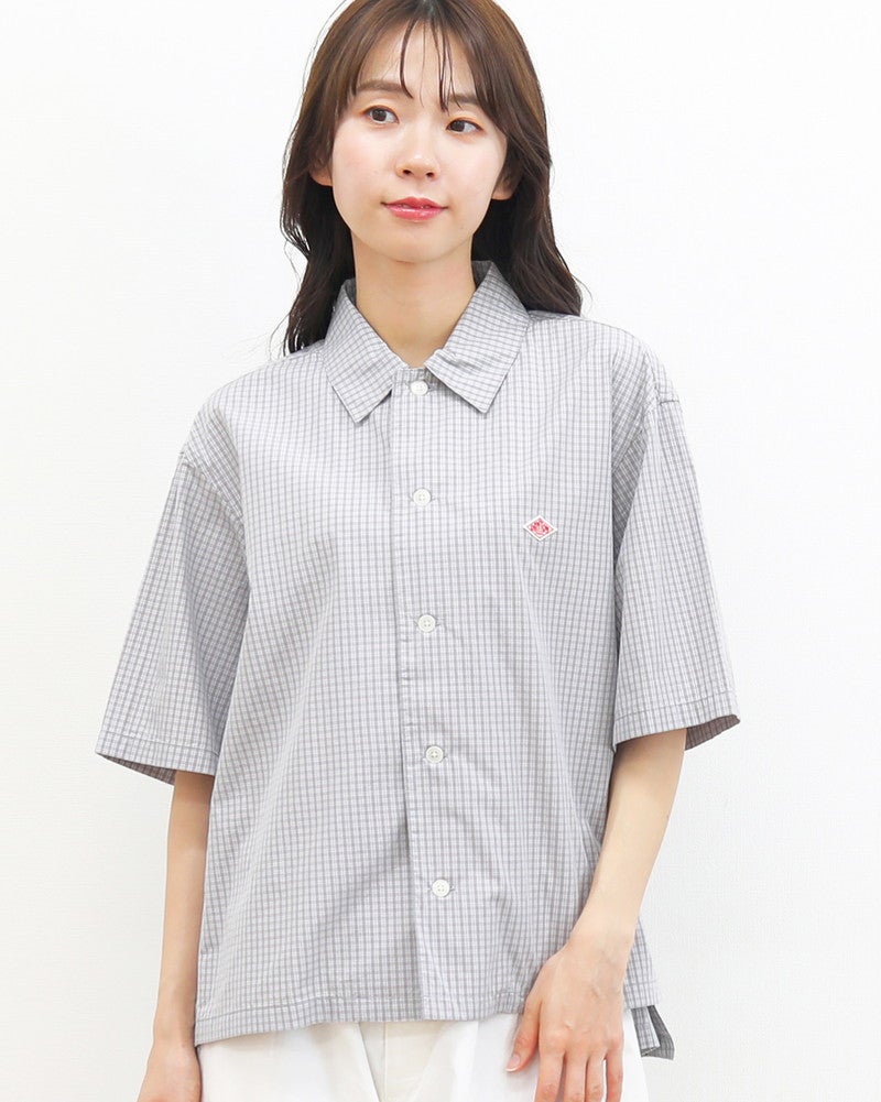 新品タグ付き＊DANTON コットンポプリンレギュラーシャツ 34 グレー 10％ポイント】［DANTON］コットンポプリン半袖チェックシャツ