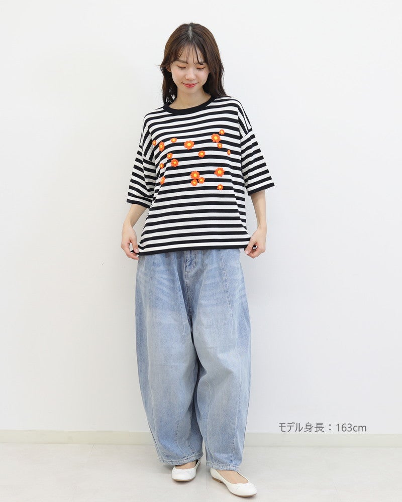 ［mao made］シャリコットンお花刺繍5分袖ニットTEE