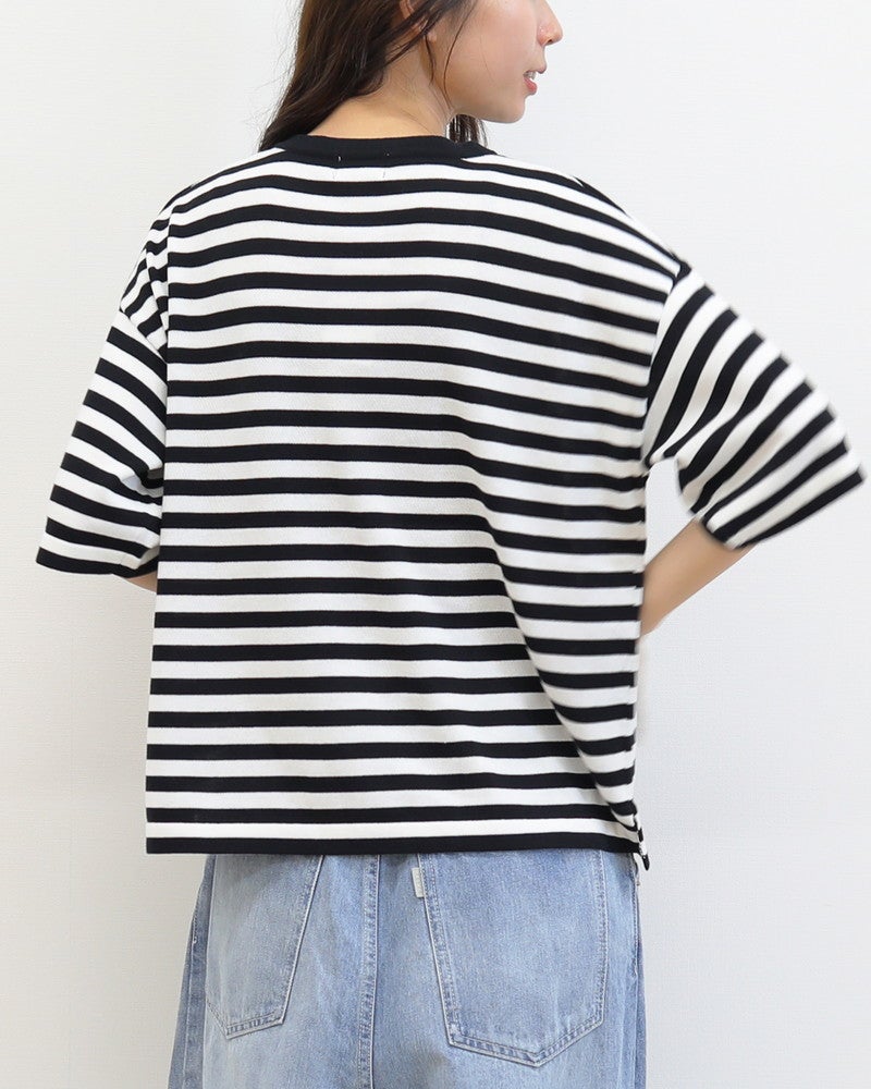 ［mao made］シャリコットンお花刺繍5分袖ニットTEE