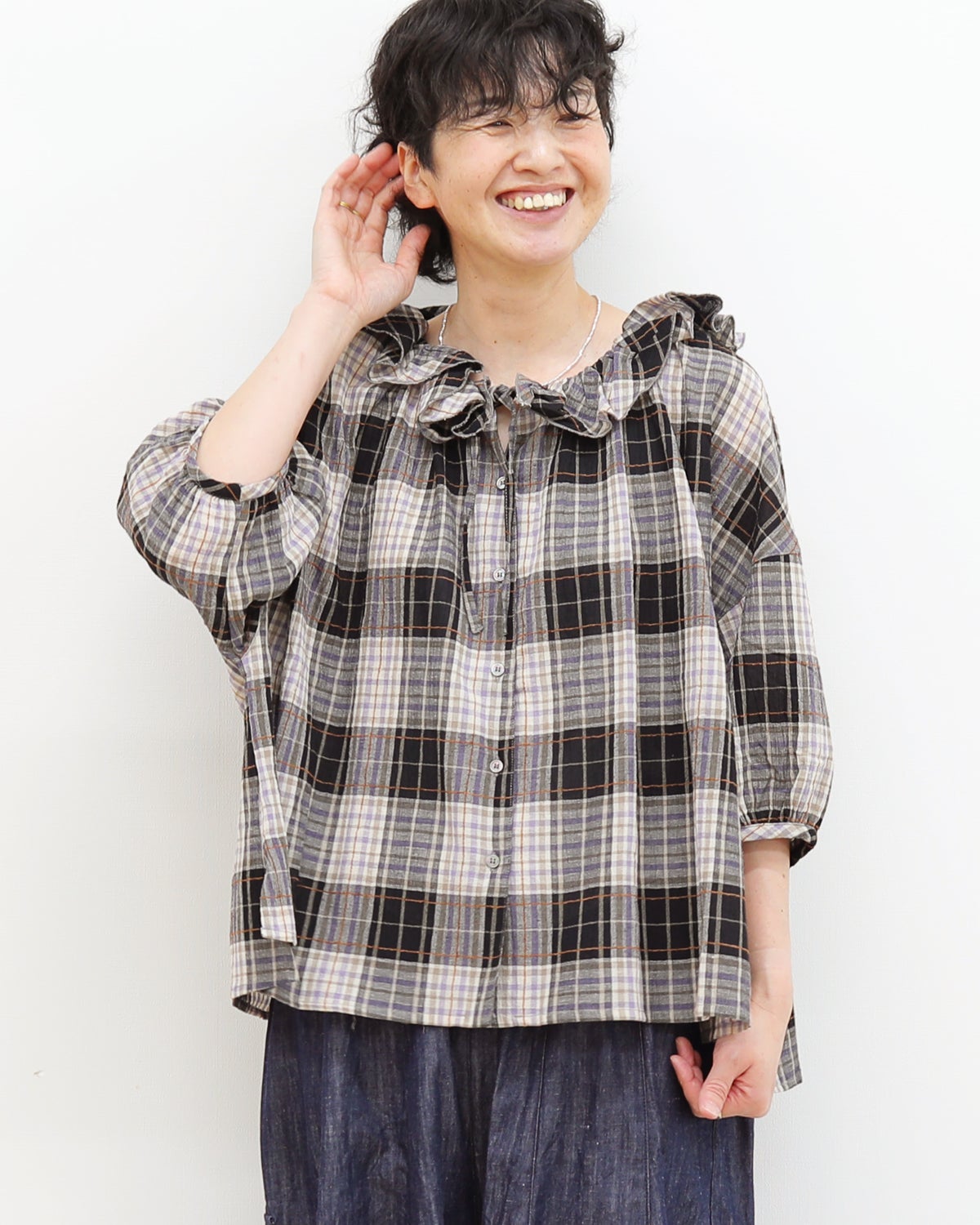 w イチアンティークス　2wayフリルカラーブラウス　緑チェック　長袖 closet（ダブルクローゼット） 「レース素材が新 シャツ ブラウス トップス