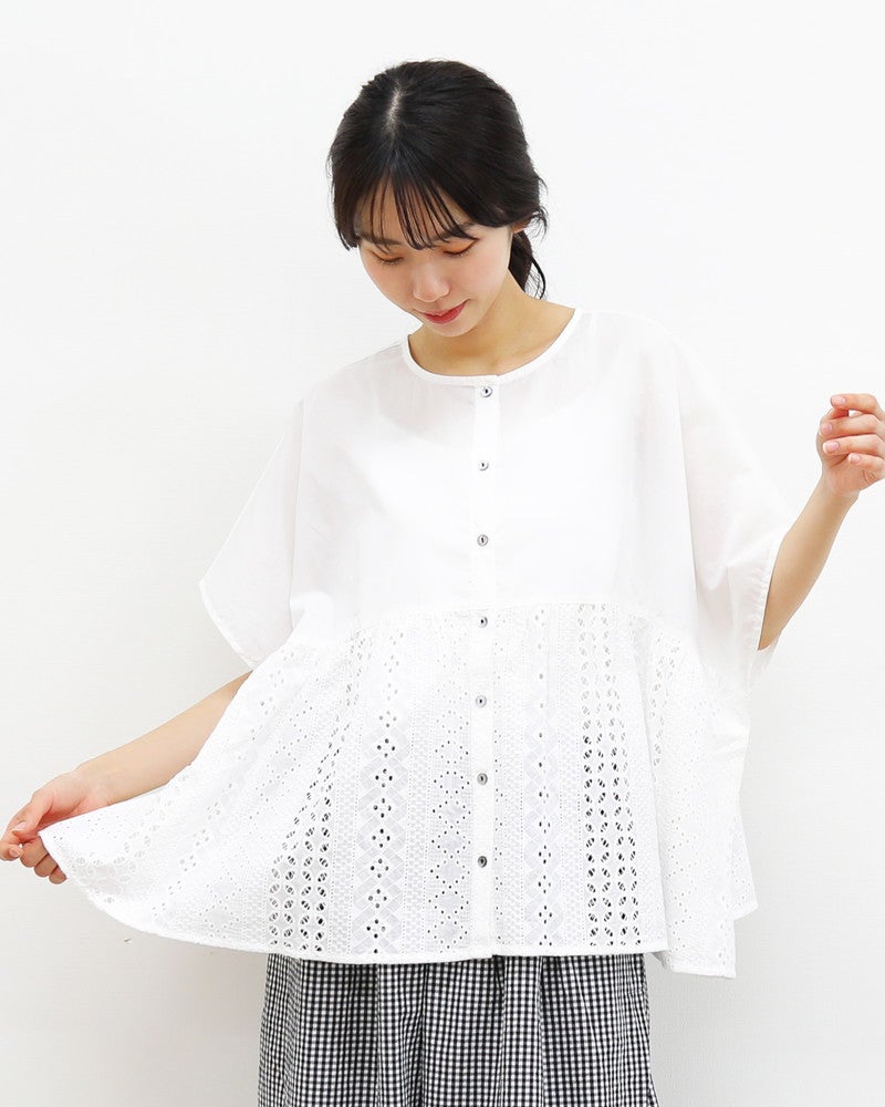 10％OFF】［mao made］ボイル×カットワークレースブラウス／マオメイド