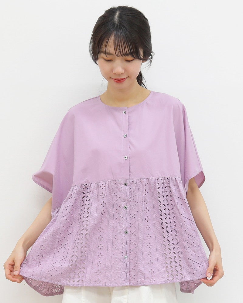 10％OFF】［mao made］ボイル×カットワークレースブラウス／マオメイド